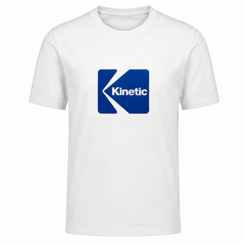White t-shirt with a blue and white logo on a white background
