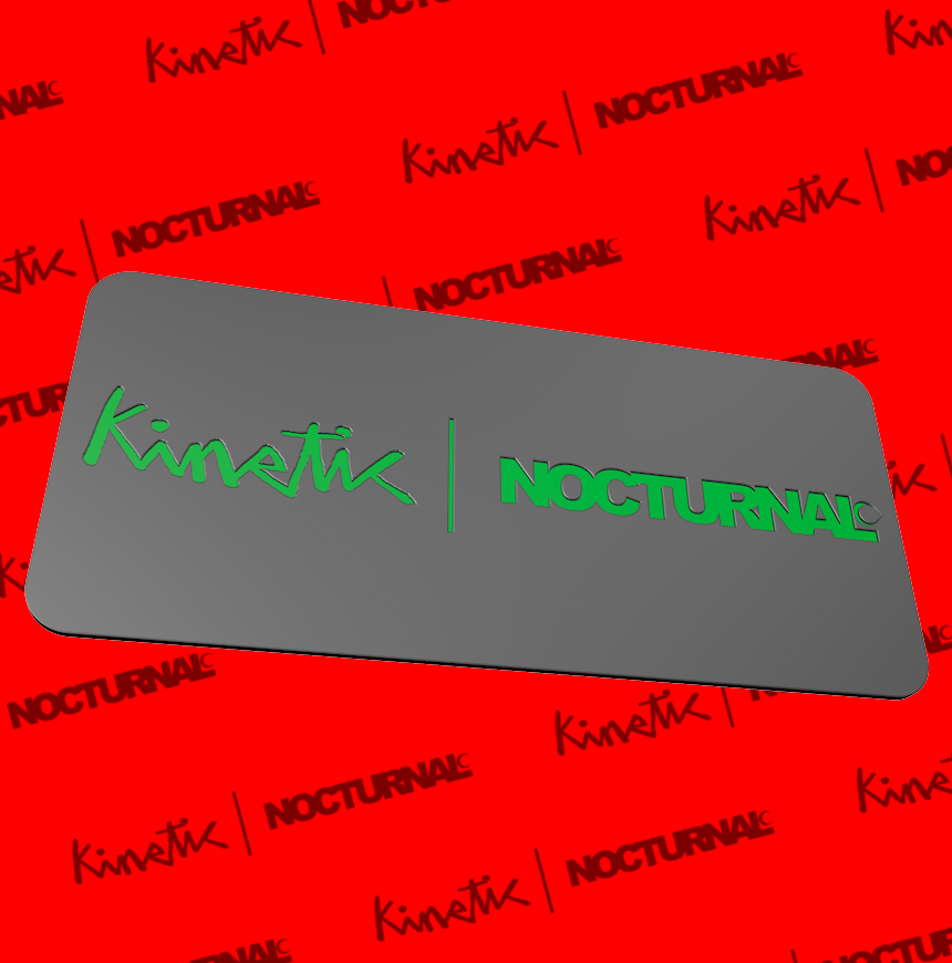 Gray card with 'Kinetic Nocturnal' text on a red background with repeated text.