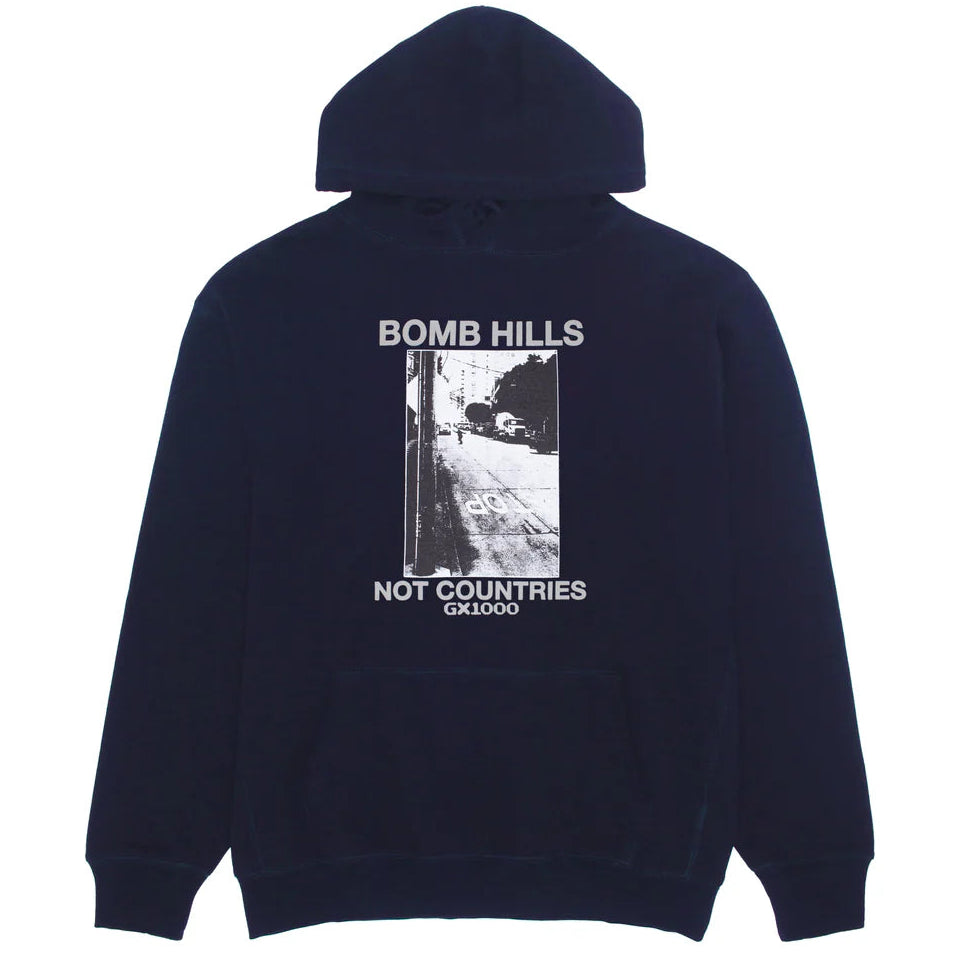 Navy blue hoodie with graphic design on the back on a white background