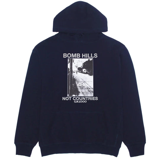 Navy blue hoodie with graphic design on the back on a white background