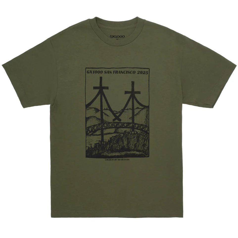 Green t-shirt with black graphic design on a white background