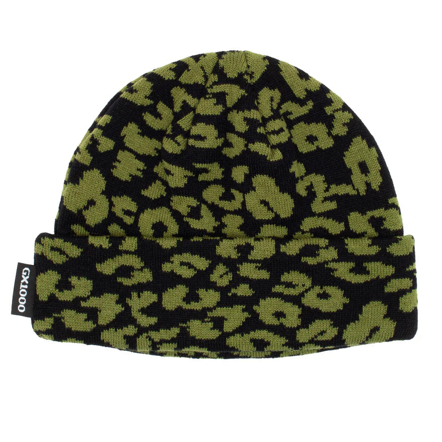 Green leopard print beanie on a white background