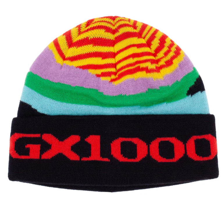 Colorful beanie with 'GX1000' logo on a white background