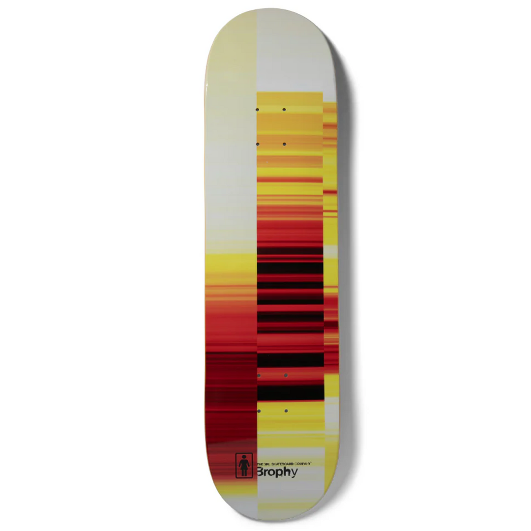 Skateboard deck with red and yellow striped design on a white background