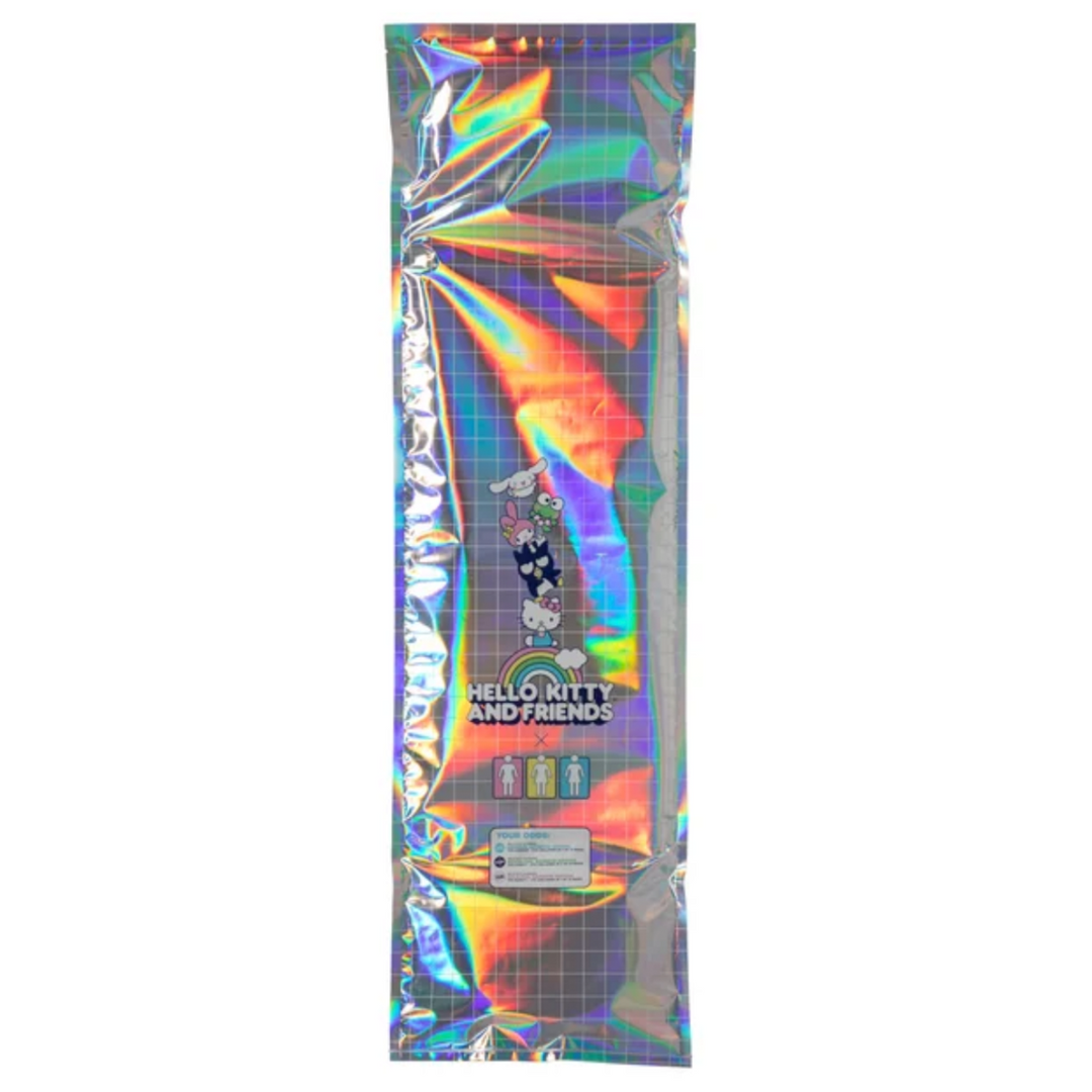 Holographic packaging with Hello Kitty and Friends branding on a white background