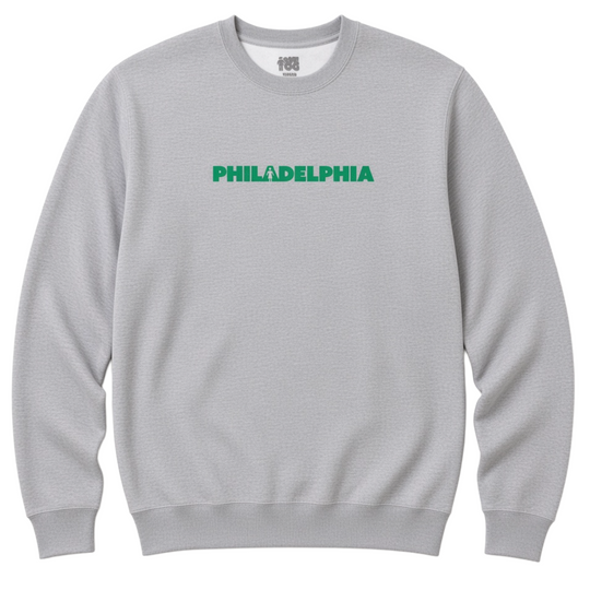 A light gray crewneck sweatshirt with the word &