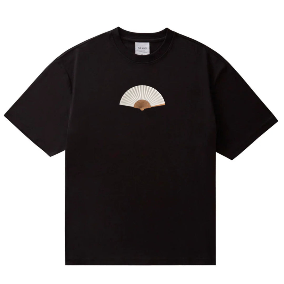 Black t-shirt with a small graphic on a white background
