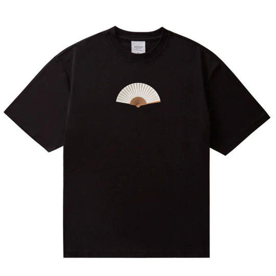 Black t-shirt with a small graphic on a white background
