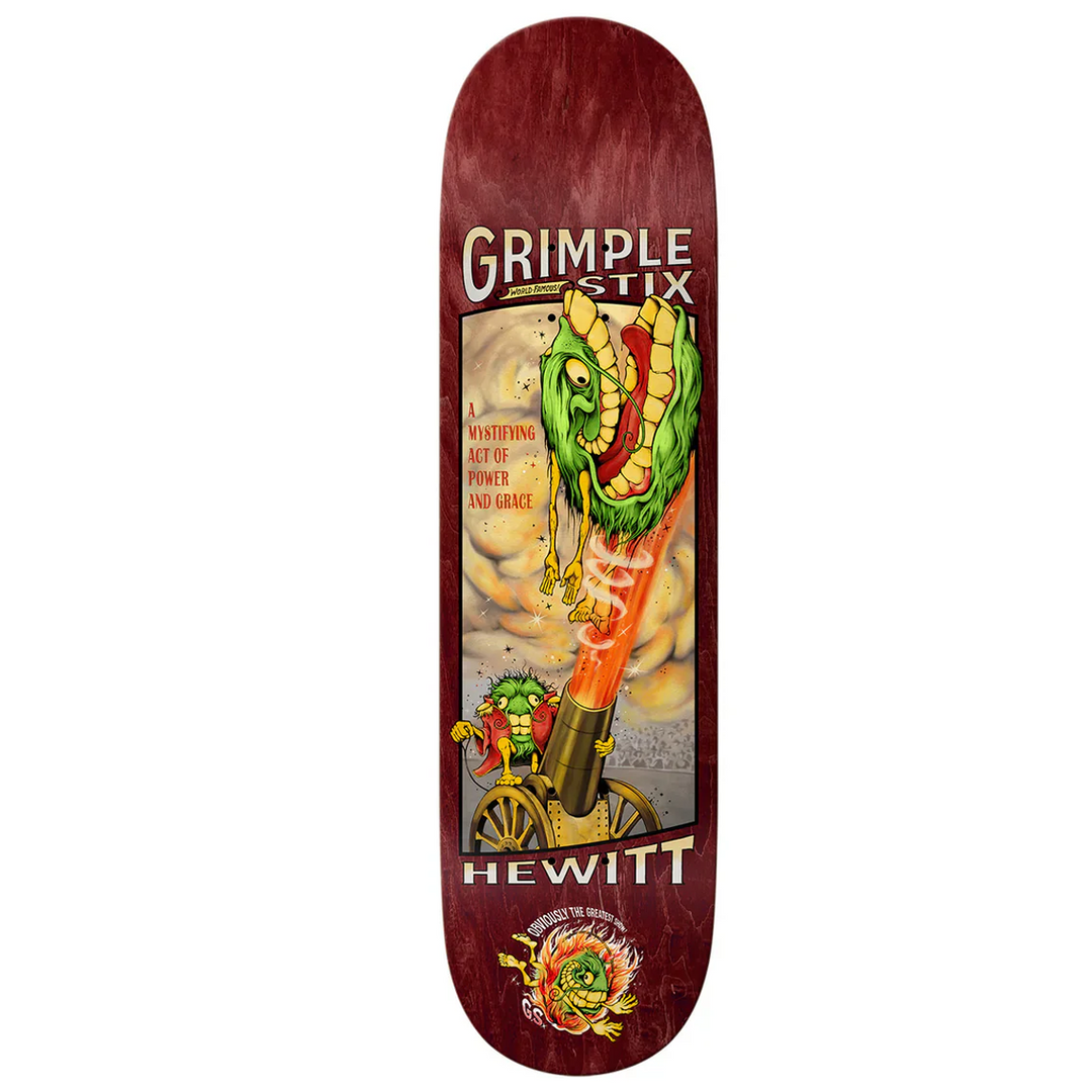 Skateboard deck with 'Grimple Stix' and 'Hewitt' branding on a white background