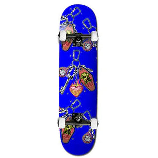 Skateboard deck with colorful graphics on a white background