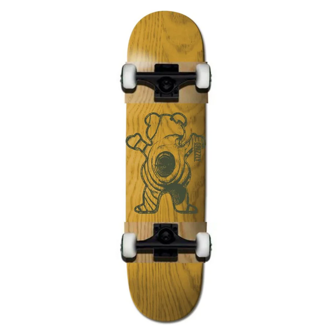 Wooden skateboard with a bear graphic on a white background