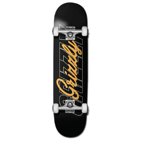 Black skateboard with yellow and white text on a white background