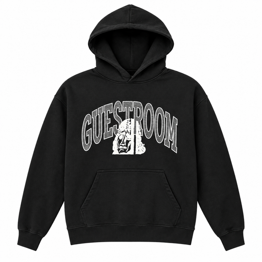 A black pullover hoodie with a white graphic print on the chest reading &
