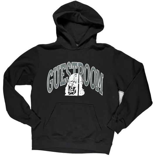 A black pullover hoodie with a white graphic on the chest reading &