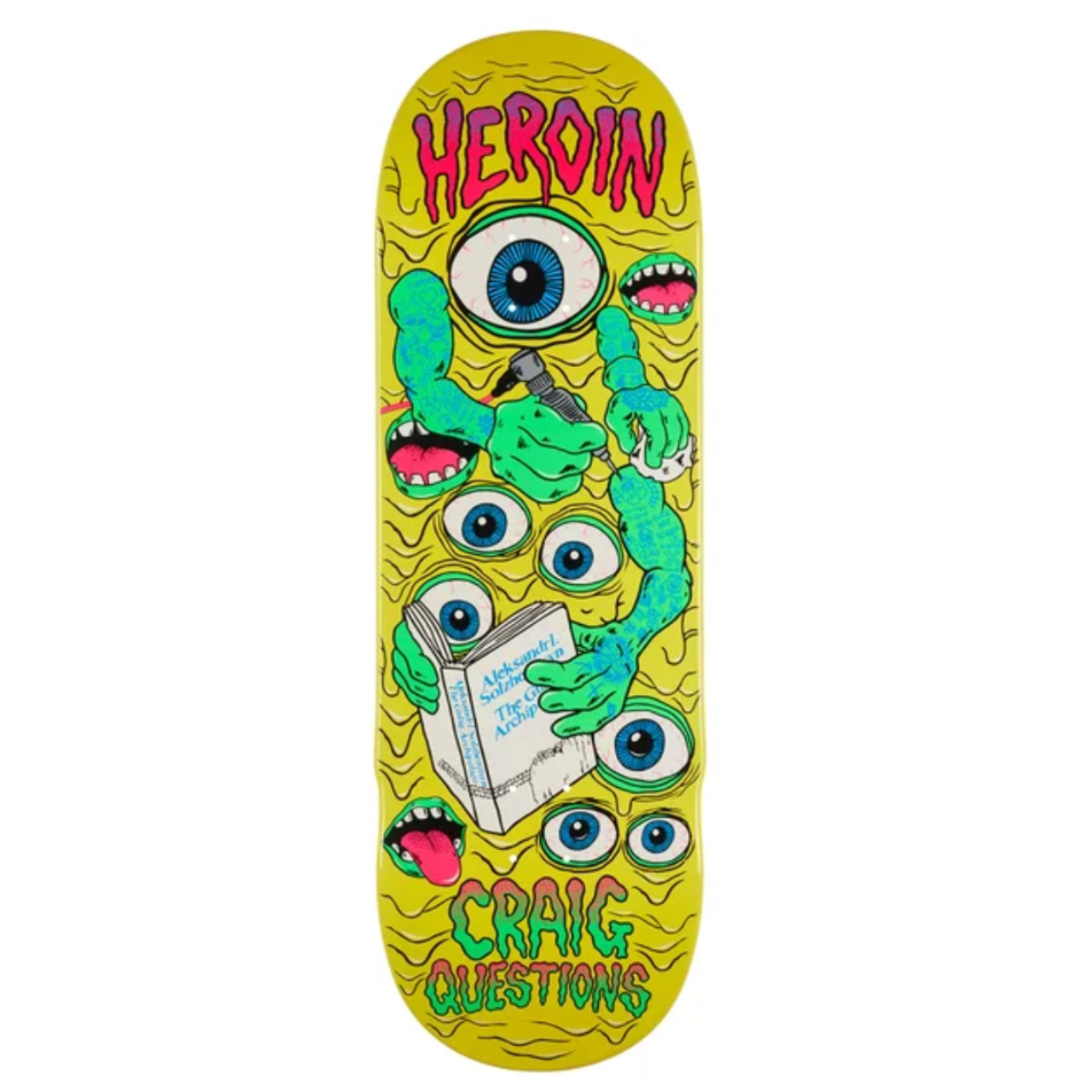 Skateboard deck with colorful design and text on a white background