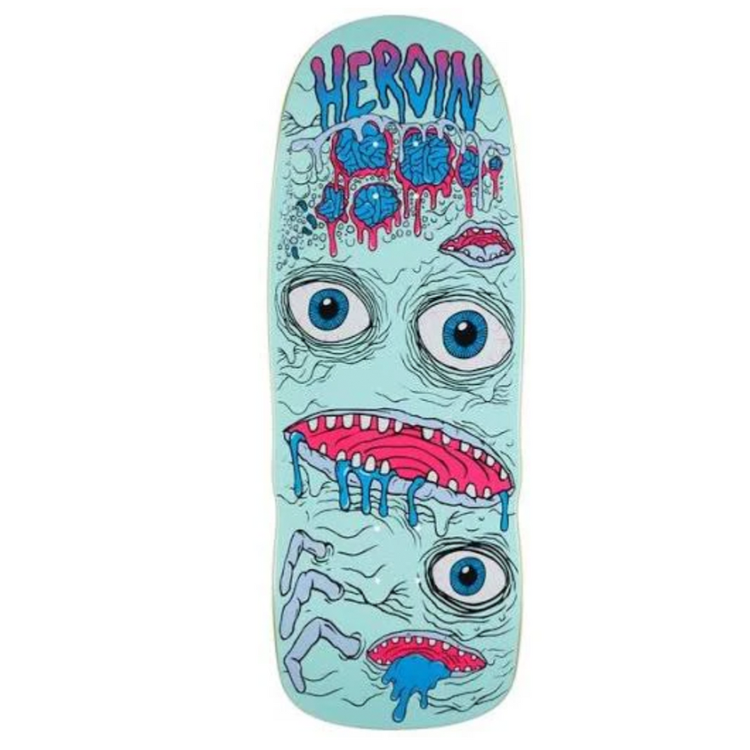 Skateboard deck with a face design and 'Heroin' text on a light blue background