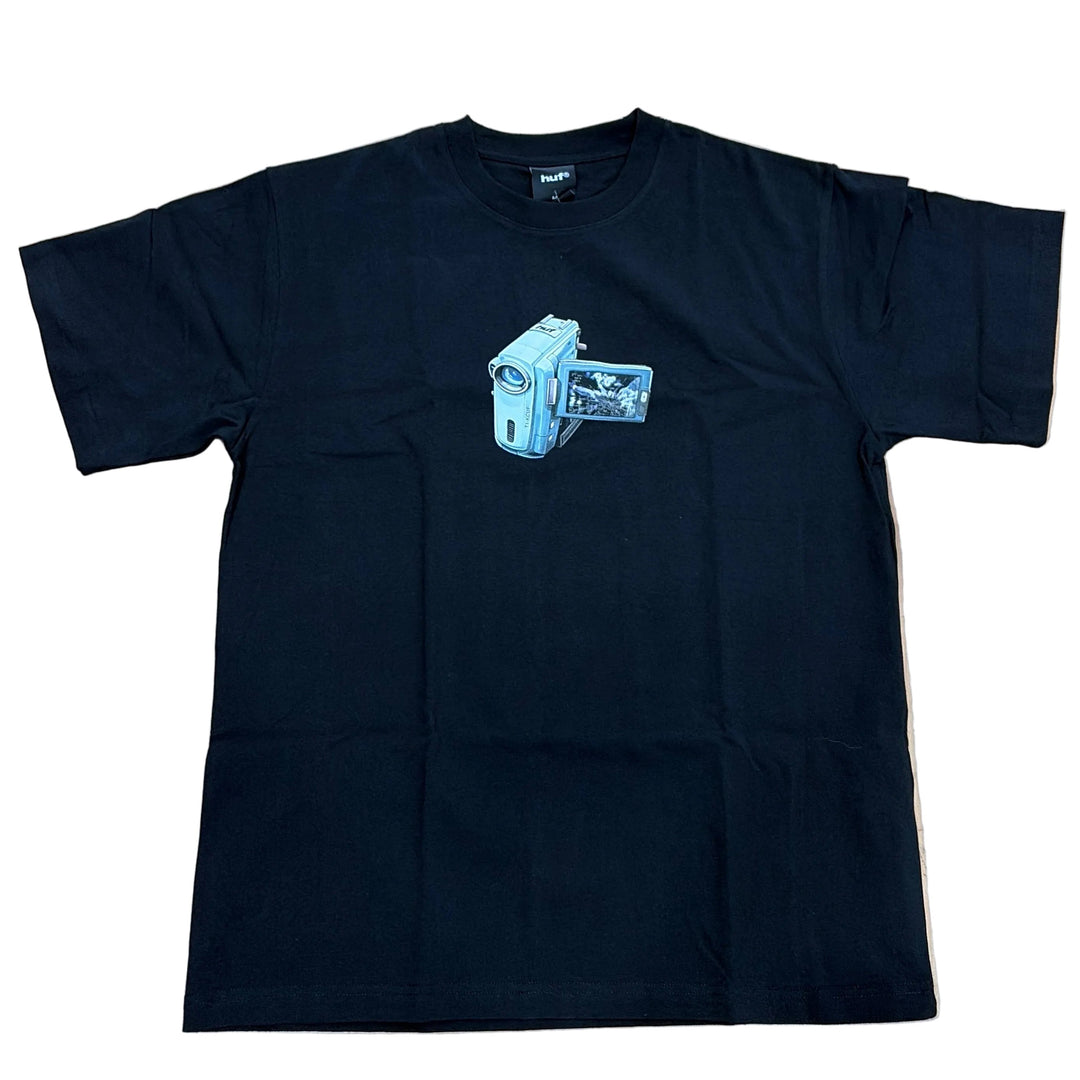 Black t-shirt with a blue graphic design on a white background
