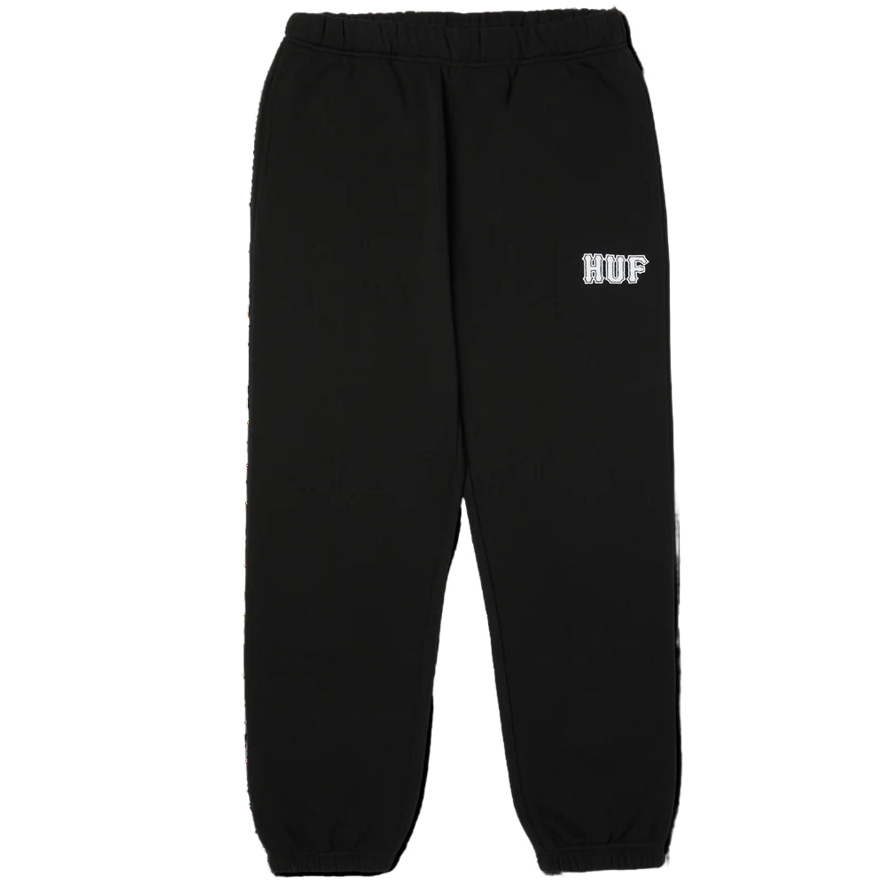 Black sweatpants with 'HUF' logo on a white background