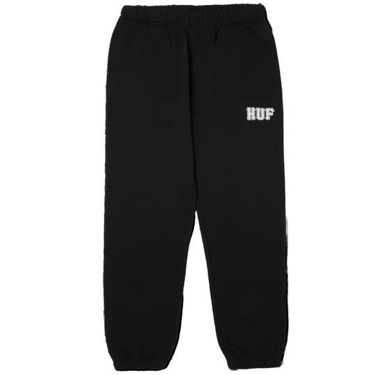 Black sweatpants with 'HUF' logo on a white background
