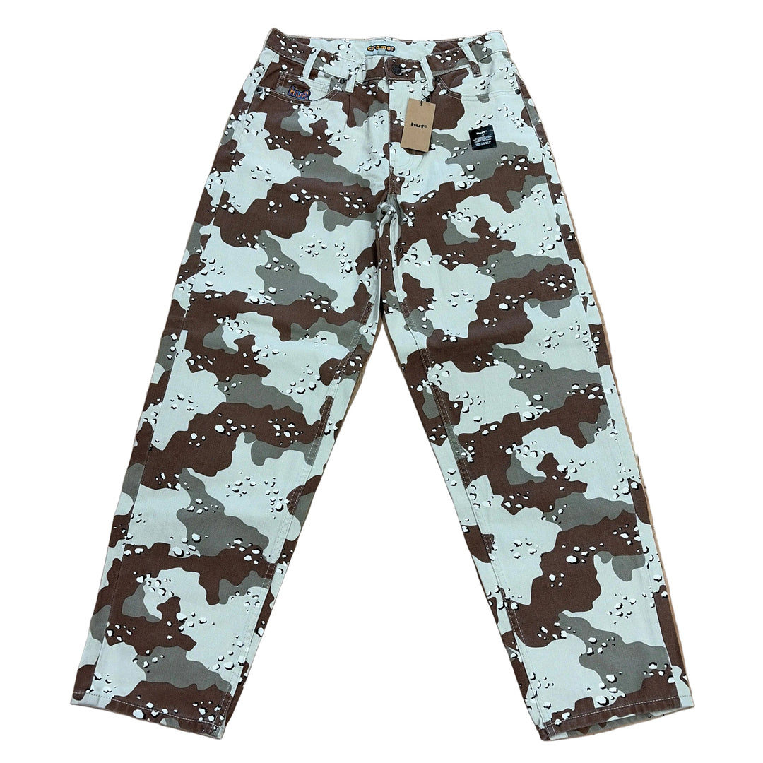 Camouflage-patterned pants on a white background