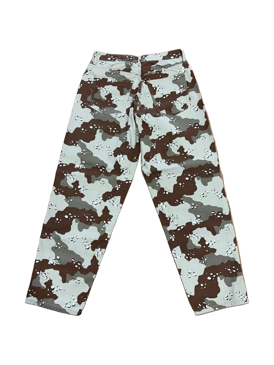 Camouflage-patterned pants on a white background