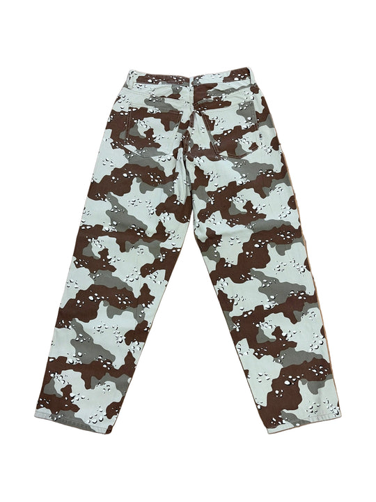 Camouflage-patterned pants on a white background