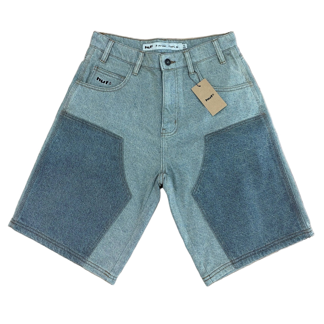 Blue denim shorts with a visible brand tag on a white background