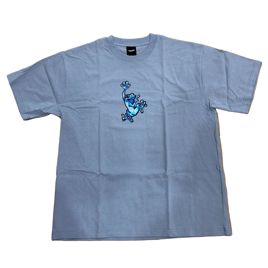 Light blue t-shirt with a small graphic on the chest against a white background