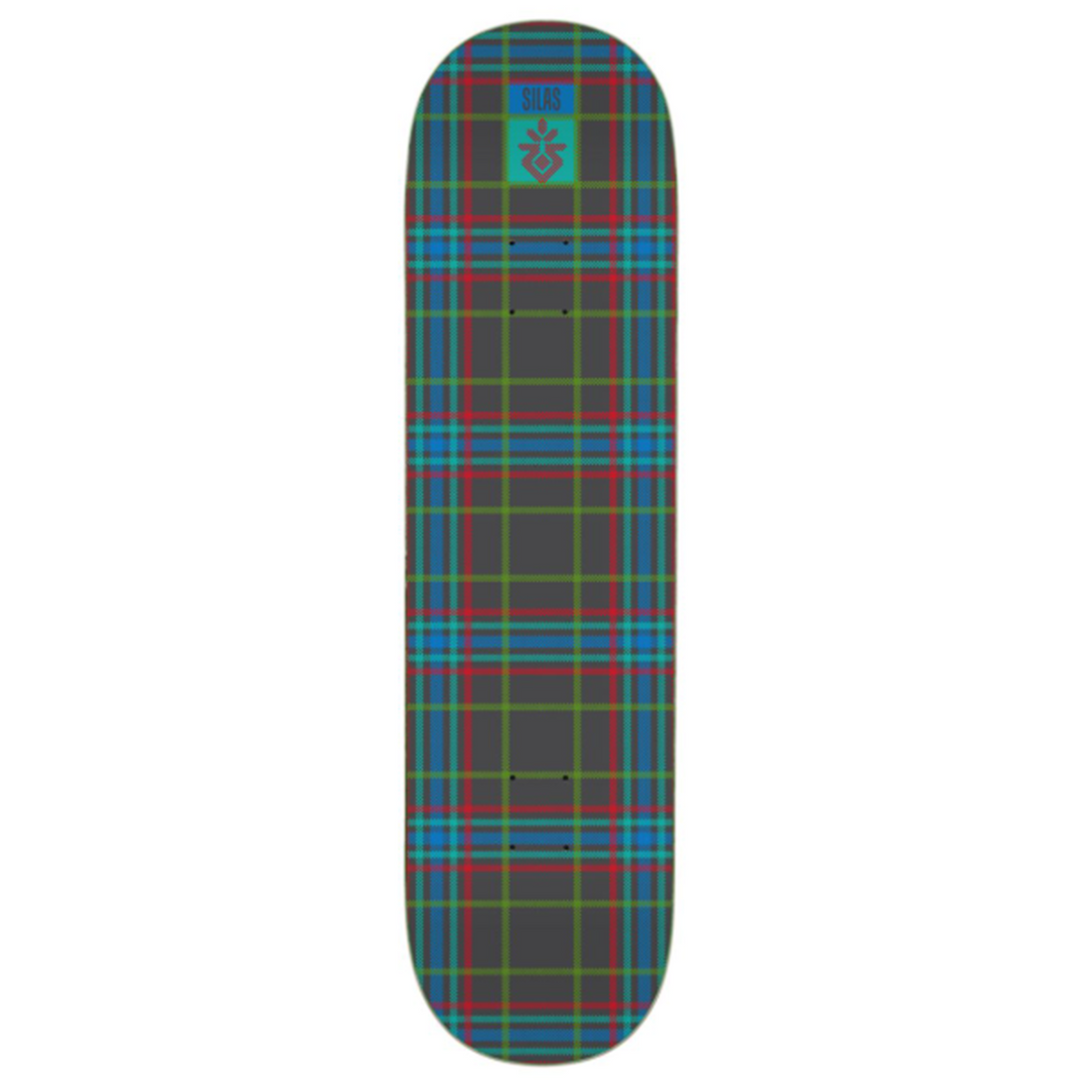 Skateboard deck with plaid pattern on a white background