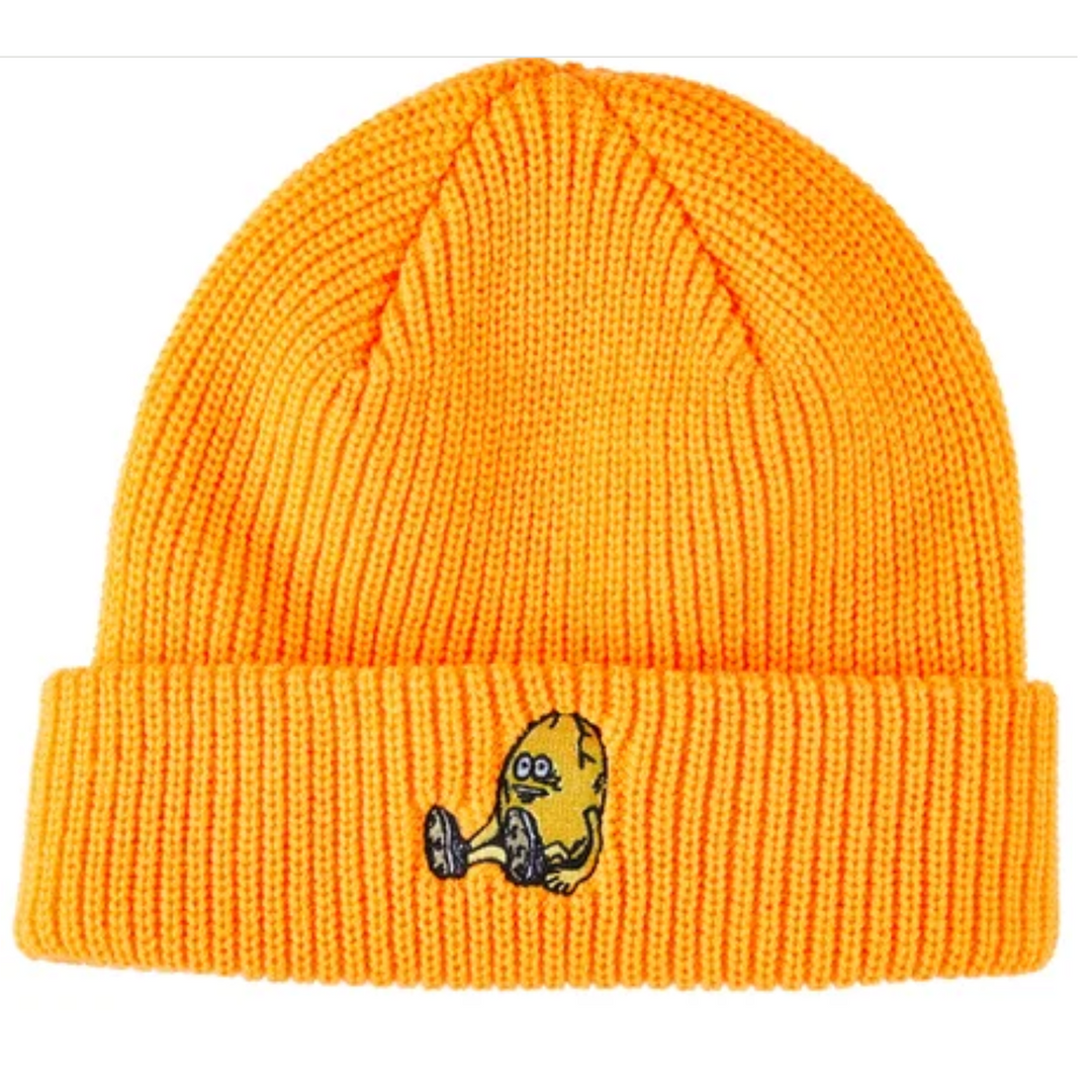 Orange beanie with a small embroidered heroin design 