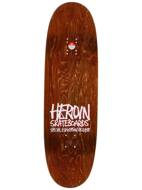 Wooden skateboard deck with 'Heroin Skateboards' branding on a white background