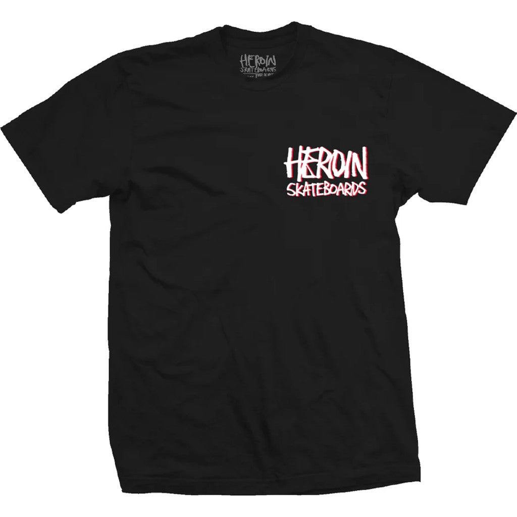 Black t-shirt with 'Heroin Skateboards' logo on a white background