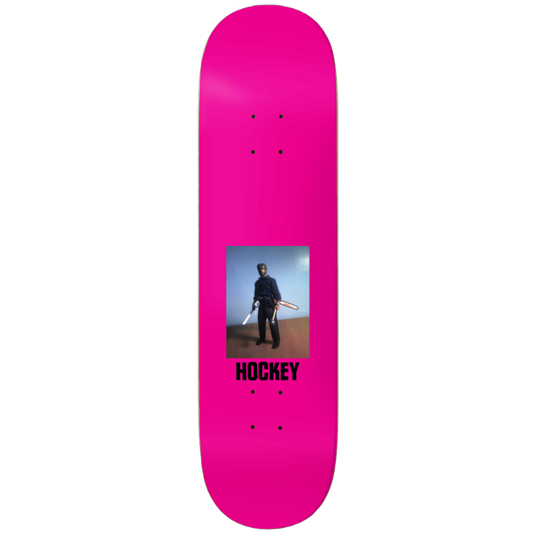 Pink hockey skateboard deck man with multiple weapons and 'Hockey' branding 