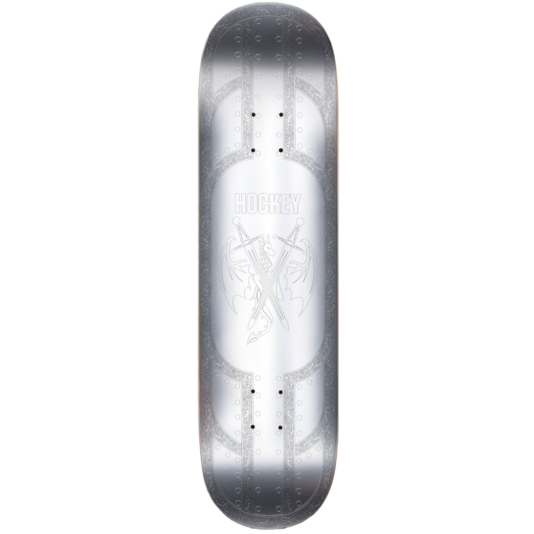 hockey skate deck with embossed print and silver hockey skate logo