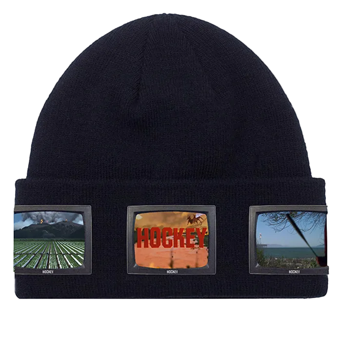 black beanie with tv screens and and a hockey skateboards logo