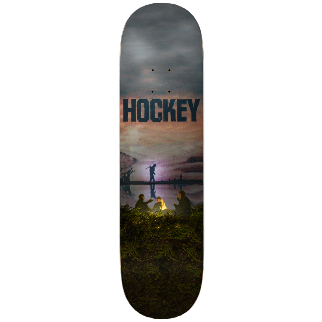 Hockey Skateboard deck with 'Hockey' branding and a lake with a campfire