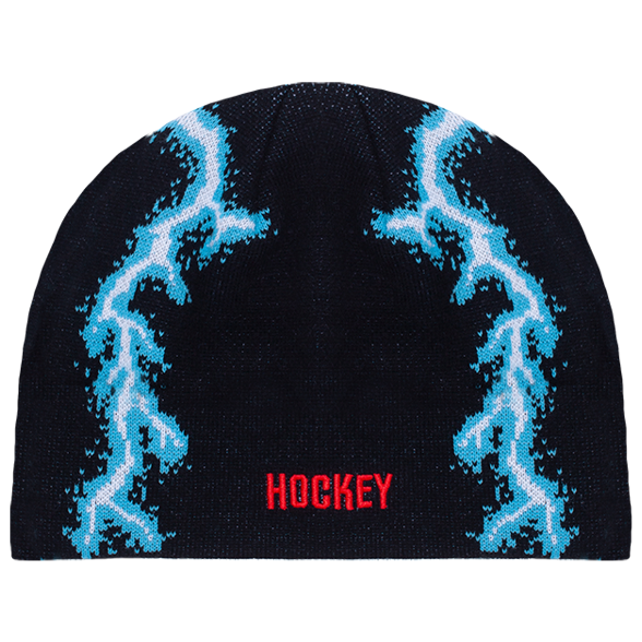Black beanie with woven blue lightning and red Hockey skateboards logo