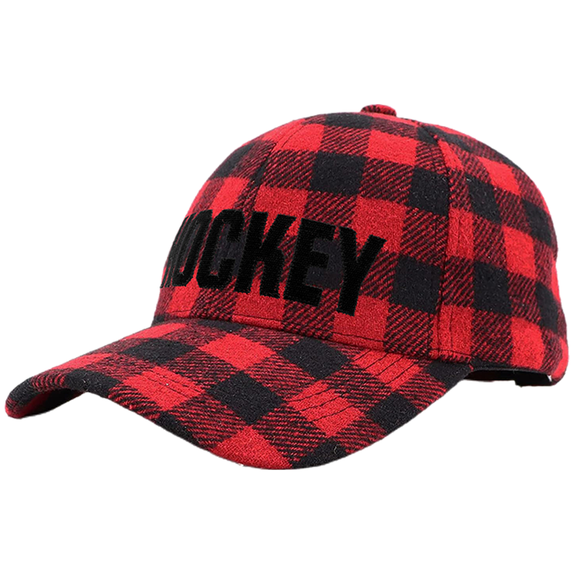 Red and black plaid cap with Hockey Skateboards logo