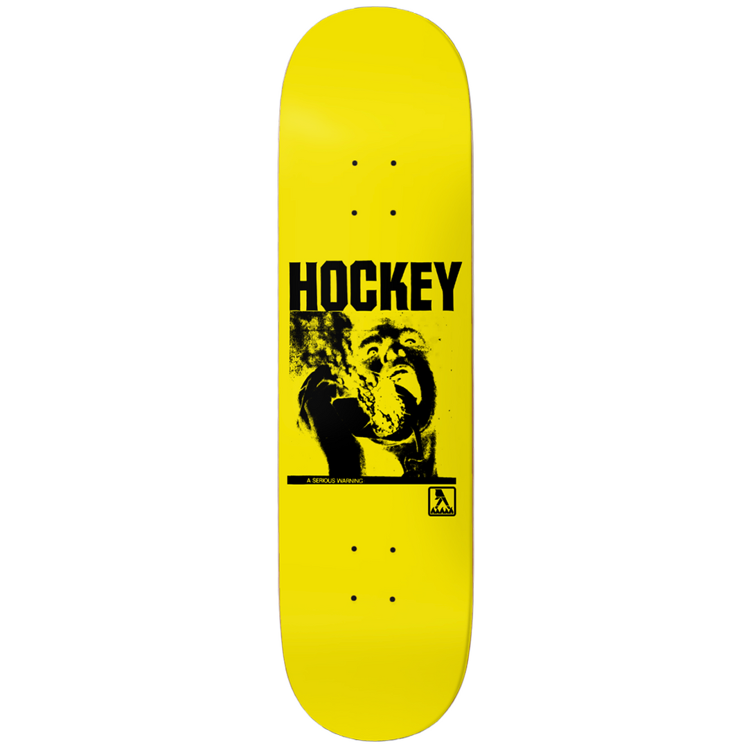 Yellow Hockey skateboard deck with black graphic and Hockey logo