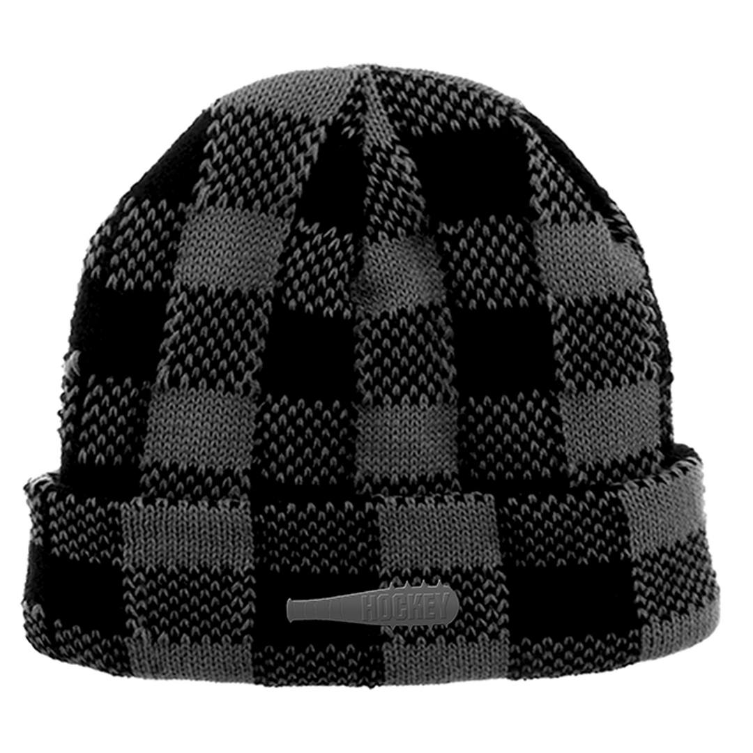 Black and gray plaid checkered beanie with a spiked bat hockey skateboards logo