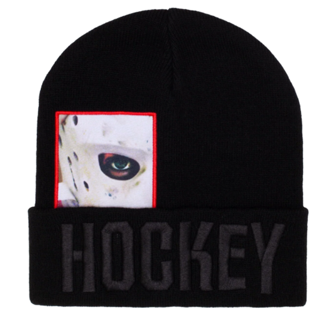 Black beanie with hockey skateboards logo under cuff and embroidered 'HOCKEY' logo on the cuff
