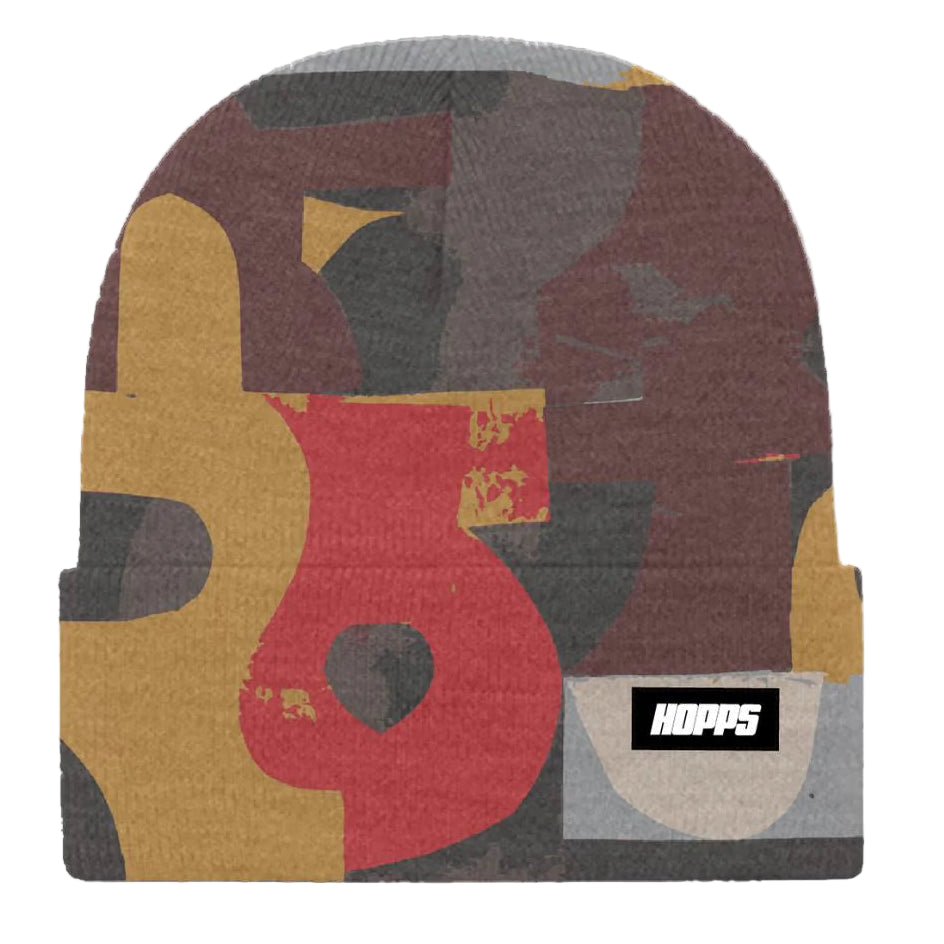 Colorful beanie with Hopps branding abstract patterns 