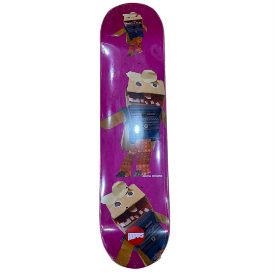 Skateboard deck with cartoon character design on a pink background