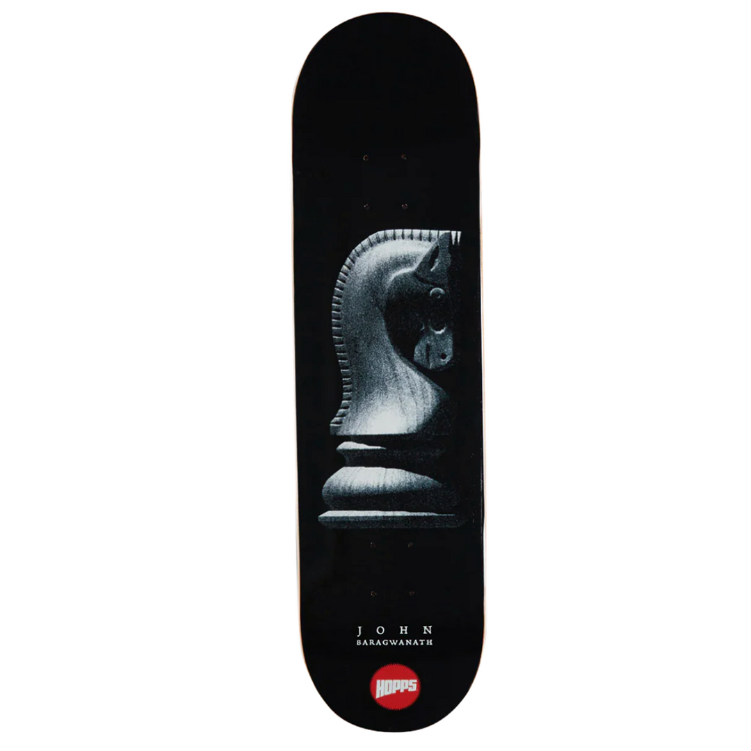 Skateboard deck with a black and white design of a horse head on a white background