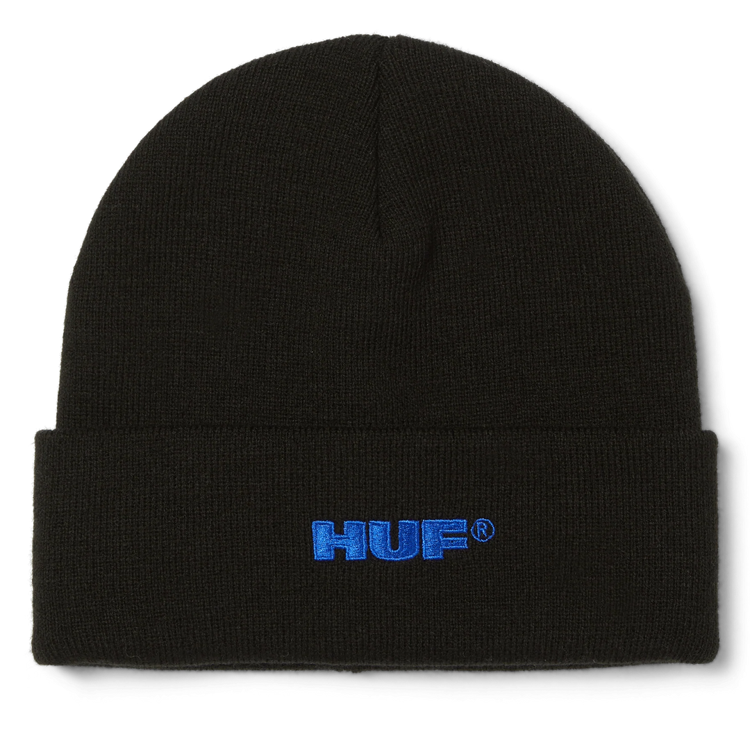 Black beanie with blue 'HUF' logo on a white background