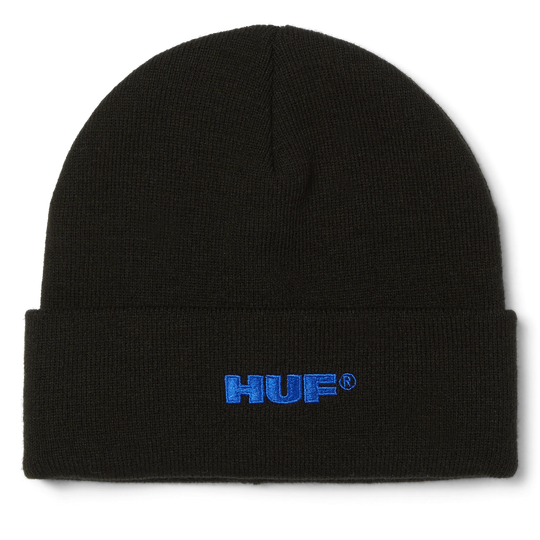 Black beanie with blue 'HUF' logo on a white background