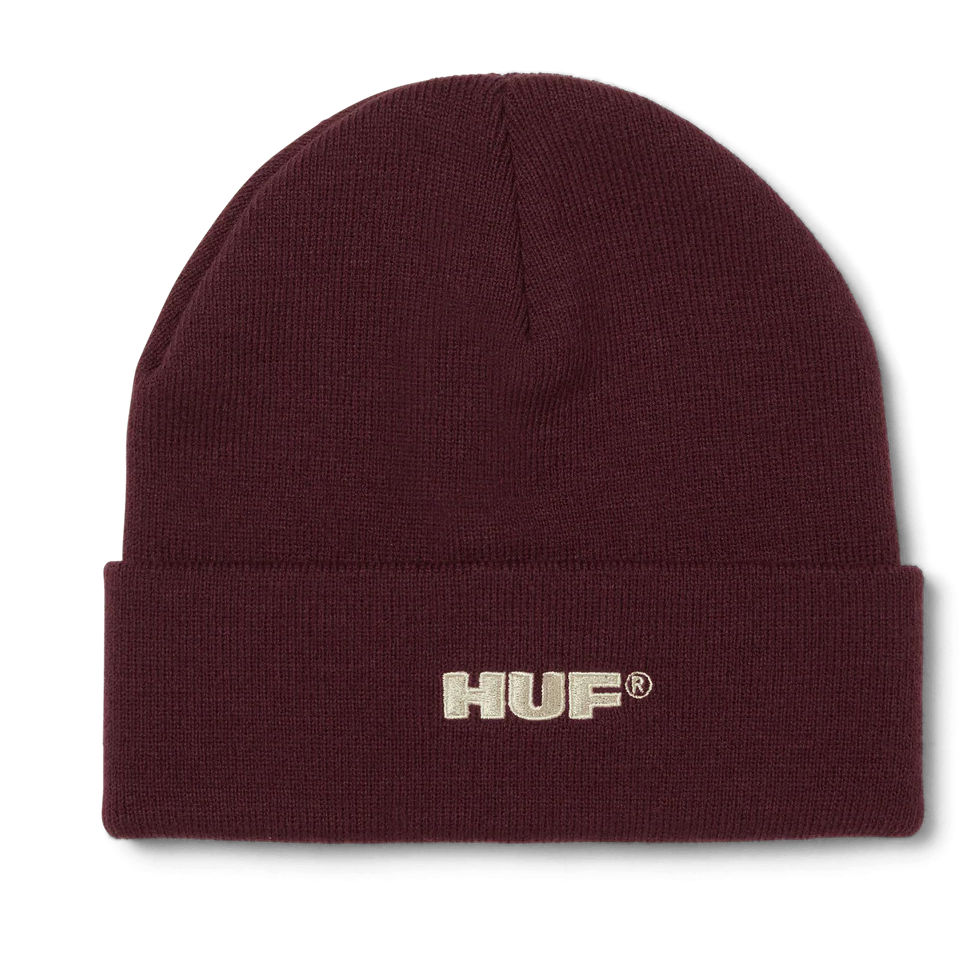 Maroon beanie with HUF logo on a white background