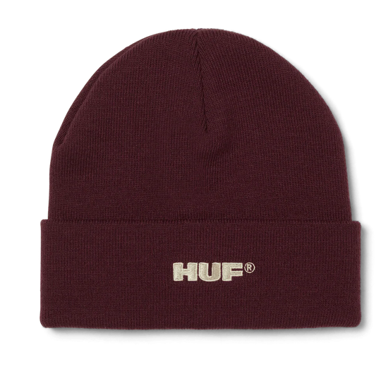 Maroon beanie with HUF logo on a white background