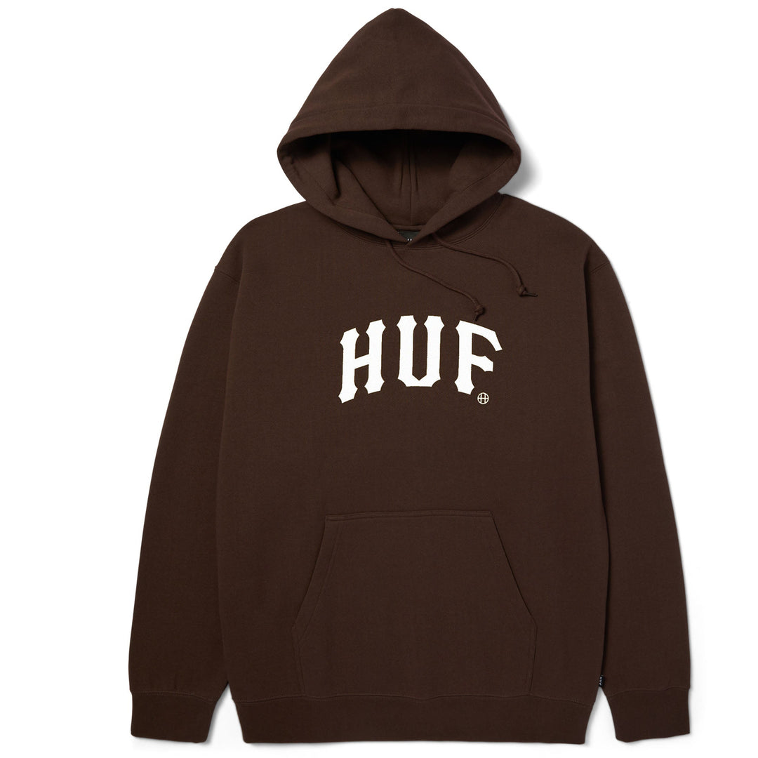 Brown hoodie with 'HUF' logo on a white background
