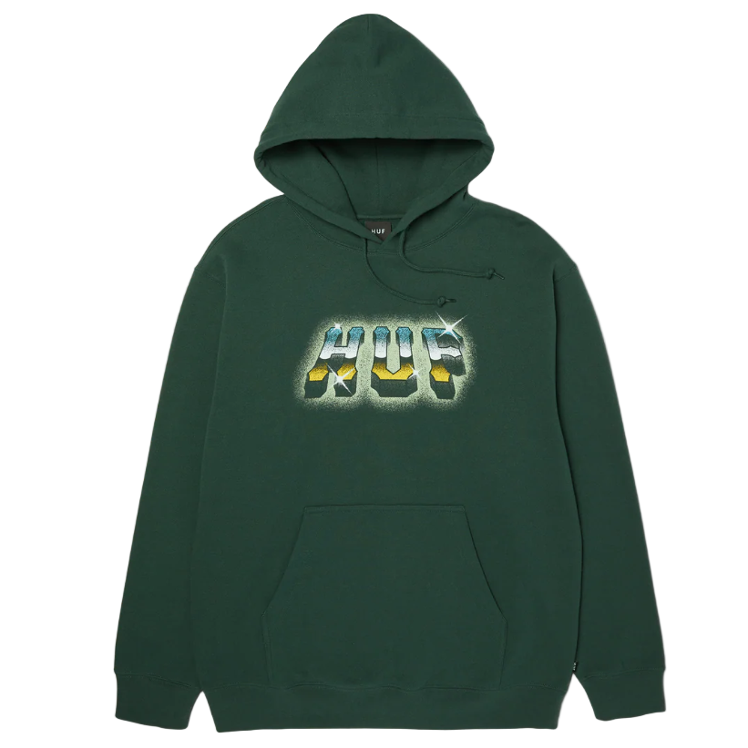 Green hoodie with a huf logo on a white background